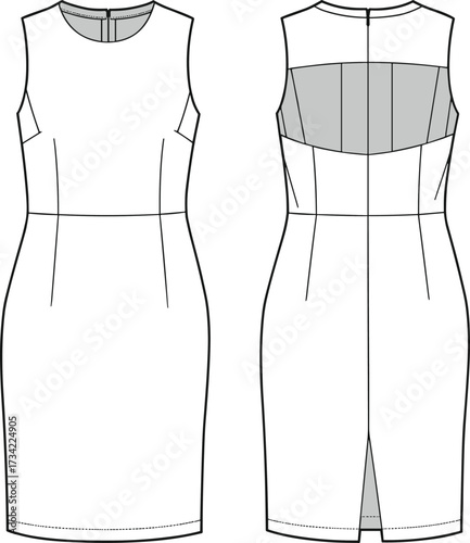 CAD drawing flat vector illustration of women’s sleeveless sheath dress technical fashion template with back yoke panel and zipper details