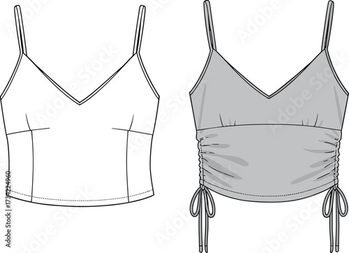 CAD drawing flat vector illustration of women’s spaghetti strap crop top technical fashion sketch with side ruched adjustable tie details