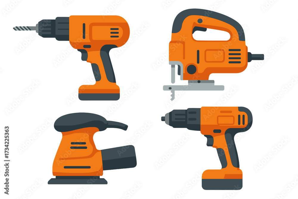 Fototapeta premium Assortment of essential electric power tools including drills, jigsaw, and orbital sander for construction and DIY