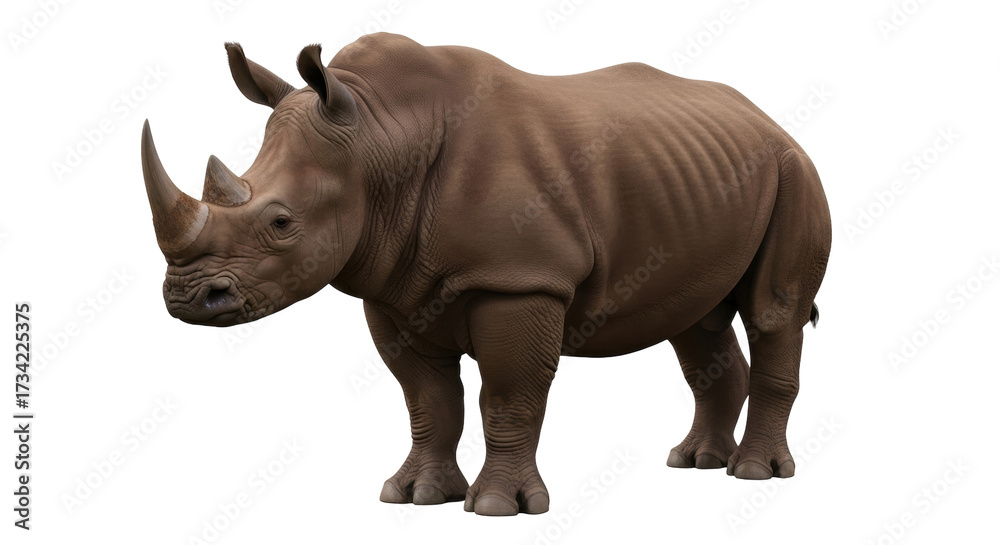 Fototapeta premium Isolated rhinoceros standing in a powerful pose, strong and muscular, impressive creature