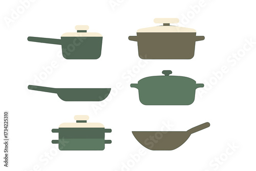 Assortment of modern kitchen cooking utensils including saucepans, frying pans, stockpots, and woks in a minimalist design
