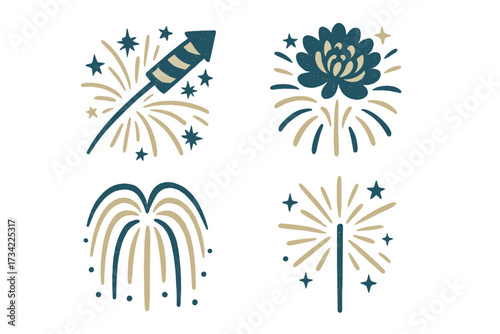 Assortment of stylized fireworks and exploding rocket designs for festive holiday celebrations and special events