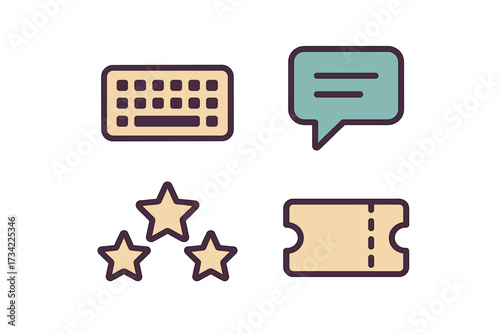Essential digital interface icons for communication, rating, and event access, featuring keyboard, chat bubble, stars, and ticket