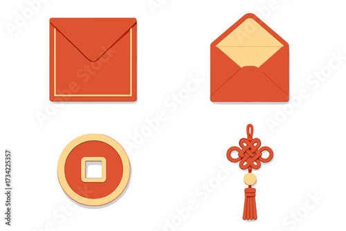 Traditional Chinese New Year symbols: red envelopes, lucky coin, decorative knot for good fortune and prosperity
