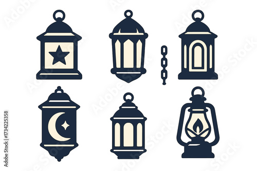 Traditional and decorative lanterns with star and crescent designs for festive and religious occasions