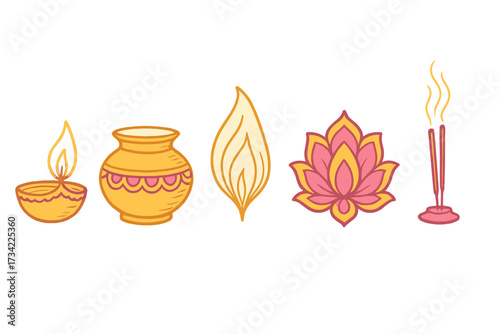 Traditional Indian festival elements including diya lamp, lotus flower, kalash pot, and incense sticks