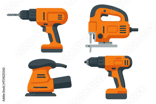 Assortment of essential electric power tools including drills, jigsaw, and orbital sander for construction and DIY