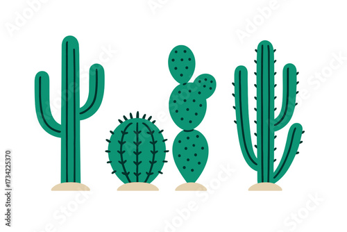 Collection of stylized green desert cactus plants with thorns and pads, including saguaro and prickly pear varieties, arranged on a clean white background