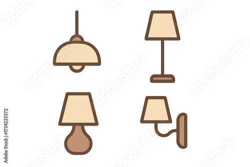 Set of diverse interior lighting fixtures featuring modern pendant, standing, desk, and mounted lamps for home decor and illumination
