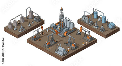 Isometric industrial oil production scene with pumps and equipment