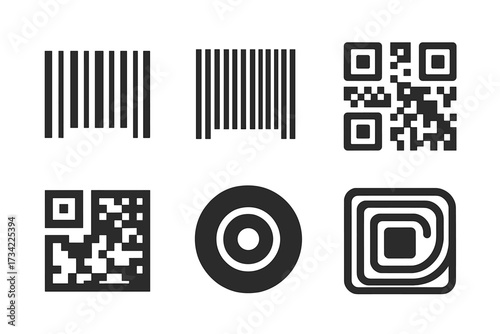 Collection of various identification codes including traditional barcodes, modern QR codes, and digital data tags for product and information tracking