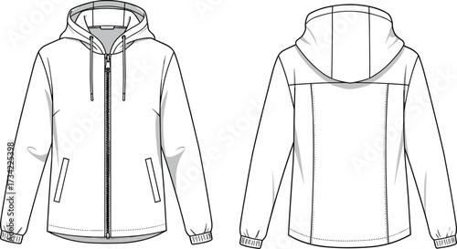 Minimalist CAD drawing flat vector illustration of hooded zip jacket with technical sewing pattern front and back design fashion template