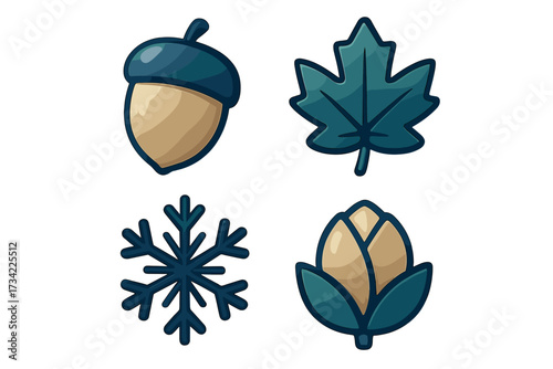 Stylized natural elements representing autumn and winter seasons including acorn, maple leaf, snowflake, and hop cone