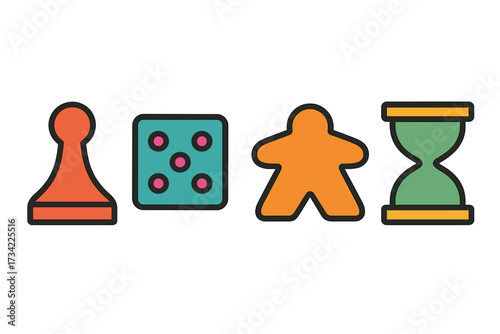 Vibrant collection of classic tabletop game components featuring a pawn, die, meeple, and hourglass symbols