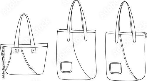 Minimalist CAD drawing flat vector illustration of stylish tote bags with sewing pattern, technical fashion sketch design, isolated on white background