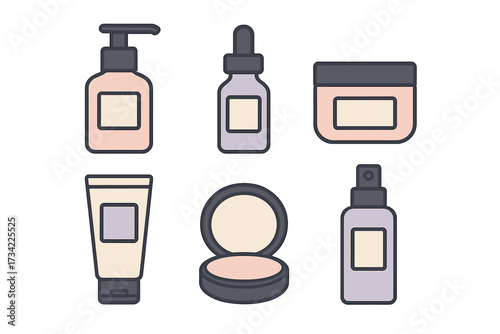 Diverse collection of beauty and skincare product containers including pump bottles, dropper, jars, tubes, and compact