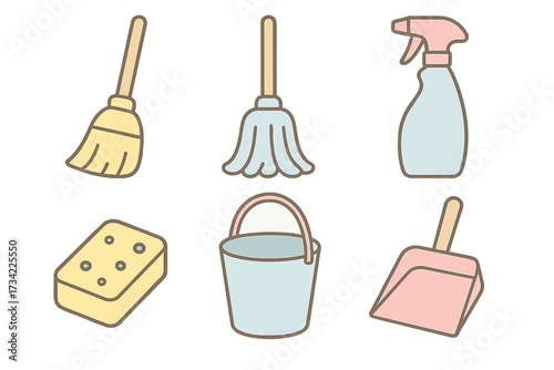 Assortment of essential household cleaning tools and supplies for domestic chores and home maintenance activities