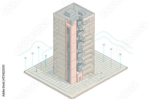 Isometric view of a modern high-rise building with exposed internal ventilation system, elevator shaft, and smart data monitoring
