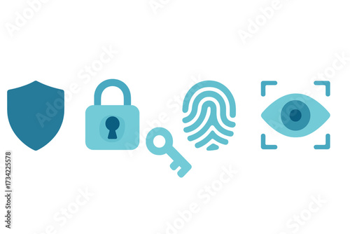 Digital security and privacy icons featuring shield, padlock, key, fingerprint, and eye scan for data protection and access control