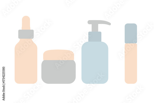 Collection of minimalist skincare product containers including dropper bottle, cream jar, pump dispenser, and spray bottle