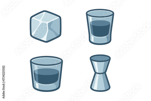 Stylized bar accessories and drinkware set with ice cube, shot glass, tumbler, and cocktail jigger