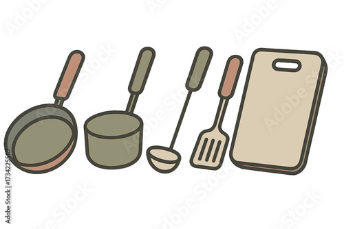 Essential kitchen cooking tools set including frying pan, pot, ladle, spatula, and cutting board for culinary preparation