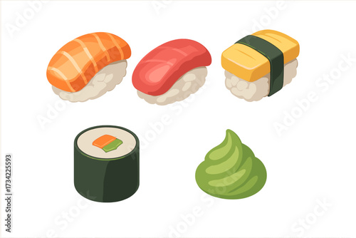 Collection of delicious Japanese sushi pieces including salmon, tuna, egg nigiri, and maki with wasabi