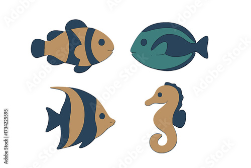 Stylized marine life collection featuring tropical fish and a seahorse for various aquatic and ocean themes
