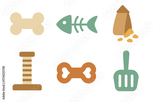 Assortment of essential pet care items including food, toys, and grooming tools for domestic animals like cats and dogs