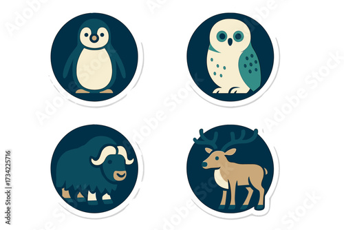 Stylized graphic depictions of arctic animals such as penguin, snowy owl, musk ox, and reindeer in a modern design