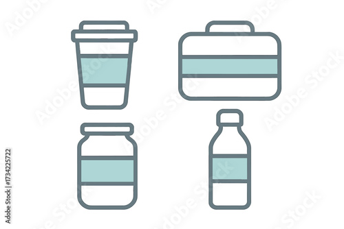Minimalist outline icons of everyday objects and containers including a coffee cup, bottle, jar, and briefcase