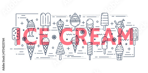 Ice cream line icons, linear signs of icecream wafer cones, scoops, sundaes, and popsicles. Vector background with variety of sweet summer dessert, minimalistic stroke symbols in pink, black and white