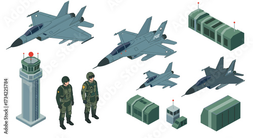Military equipment isometric set with fighter jets and soldiers