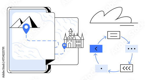 Digital travel map with path marked through mountain and landmark next to circular process diagram. Ideal for navigation, travel, tourism, journey, exploration, process, technology. Simple flat