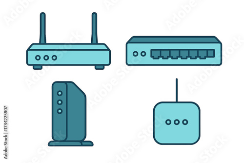 Various wireless internet routers, network switches, and modems for digital connectivity and data communication systems
