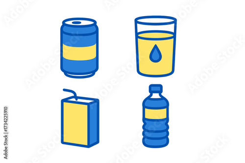 Assortment of common beverage containers including a soda can, juice box, water bottle, and glass of liquid