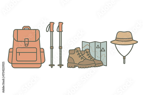 Essential hiking and camping gear set including a backpack, trekking poles, sturdy boots, a detailed map, and a protective sun hat