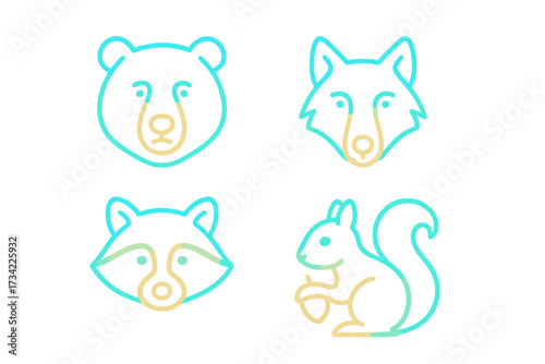 Stylized forest animal heads and full body squirrel icon set with modern gradient line art design