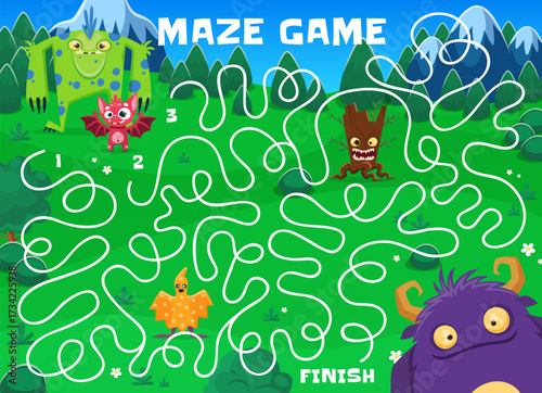 Labyrinth maze game, help to cartoon monster to find his friends. Cartoon vector kids puzzle worksheet, educational and entertainment riddle with funny creatures on fantasy world with tangled way