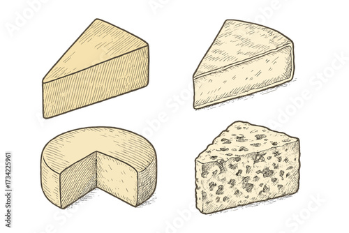 A delicious collection of various cheese types, featuring wedges, a whole round wheel, and other dairy products