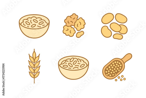 Assortment of healthy breakfast cereal, grain, and oat food items including bowls, scoops, and wheat ear
