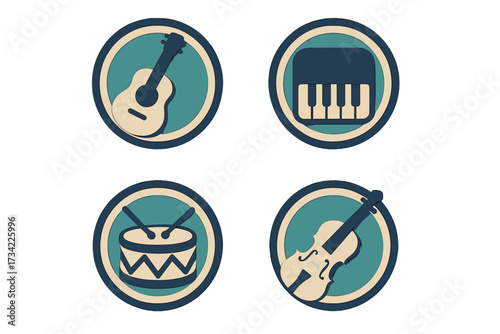 Modern flat design icons of musical instruments including guitar, keyboard, drum, and violin for music themes