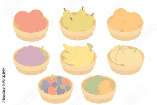Isometric view of a vibrant collection of diverse fresh ripe fruits like peaches, pears, oranges, grapes, bananas, and berries in wooden baskets
