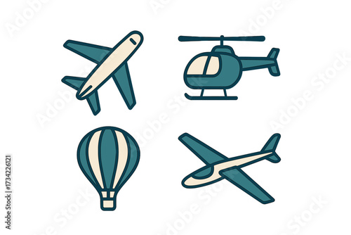 Air transportation symbols featuring passenger jet, helicopter, and hot air balloon for global travel and navigation concepts