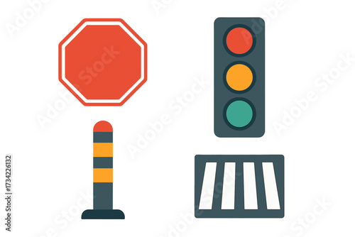 Collection of essential road safety elements featuring a prominent stop sign, active traffic light, striped bollard, and pedestrian crosswalk marking