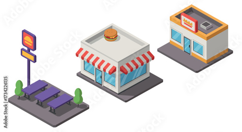 Isometric fast food restaurants with outdoor seating and signs