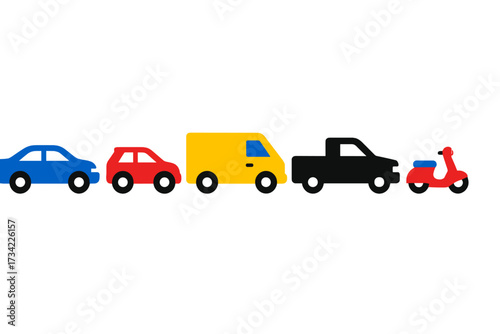 Diverse colorful cartoon vehicles in a row featuring passenger cars, commercial van, pickup truck, and scooter