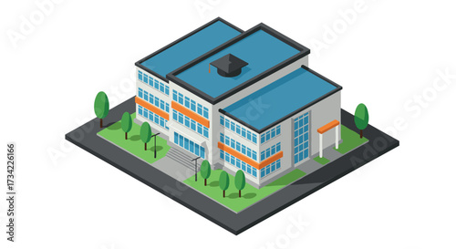 Modern isometric school building with graduation cap on roof