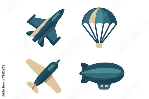 Collection of diverse air travel vehicles and skydiving elements, featuring a jet, propeller plane, blimp, and parachute