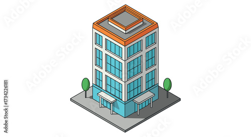 Modern isometric building with glass windows and orange roof in urban setting